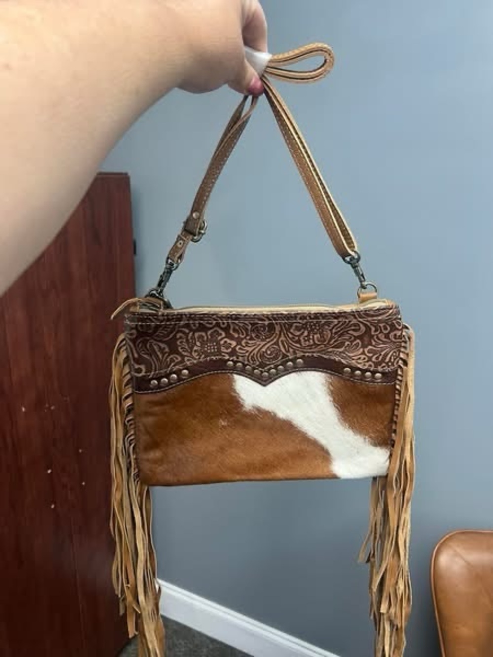 Myra Bag Brown & White Cowhide Fringe Wristlet